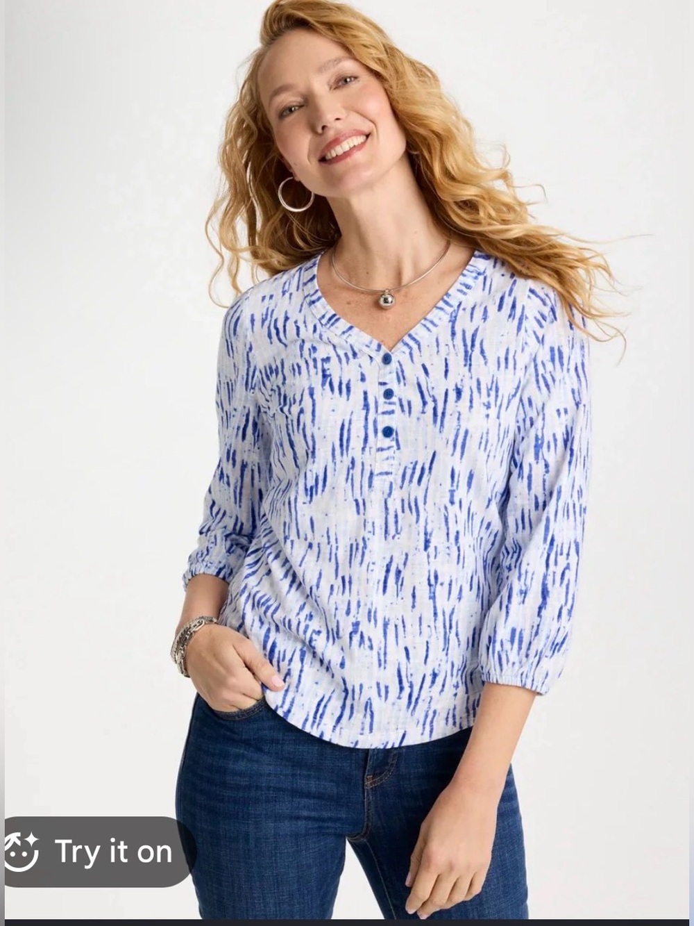 Chico’s Printed Puff Sleeve Slub Henley size 2 large